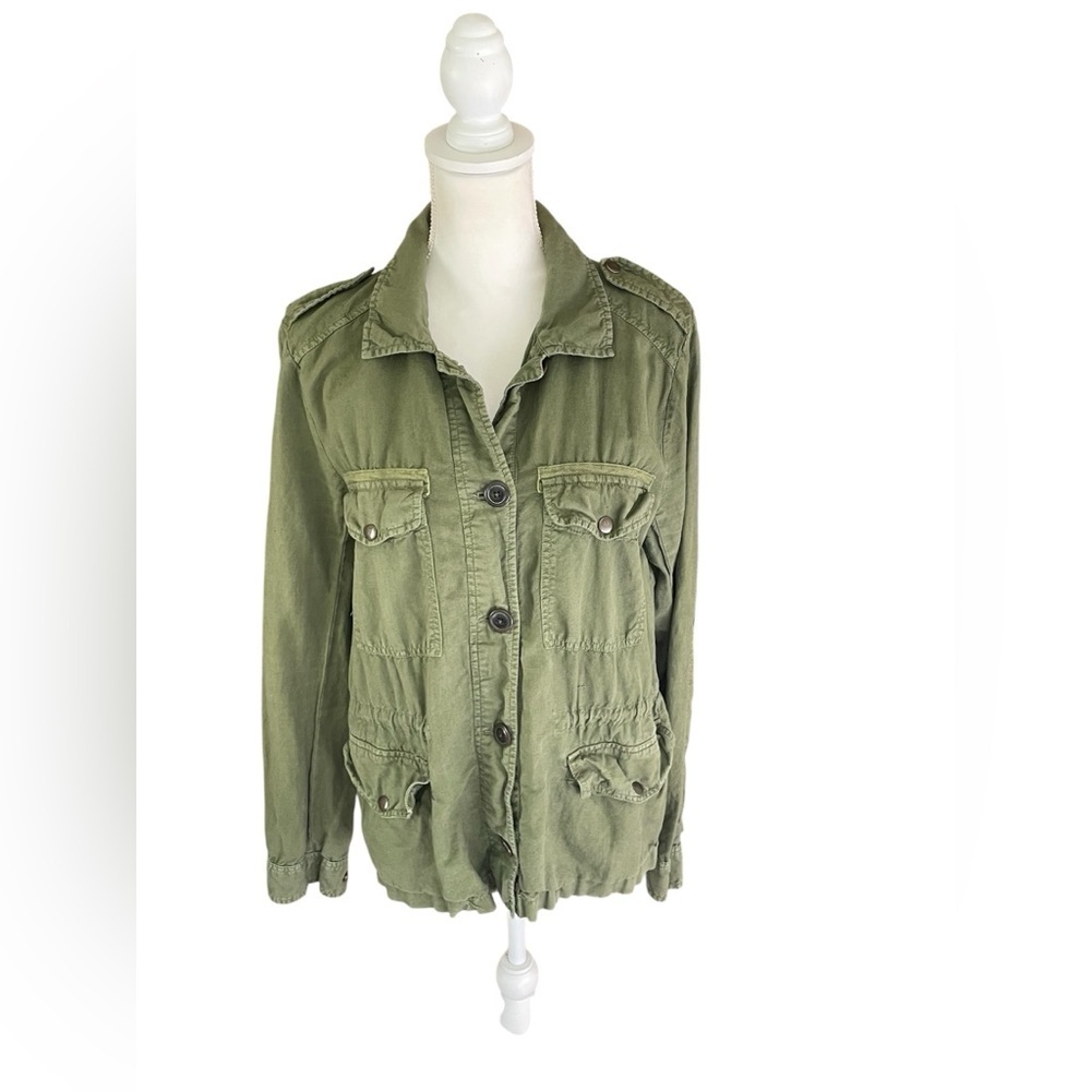 GAP Linen Blend Cinch Waist Army Green Utility 4 Pocket Jacket Size Large